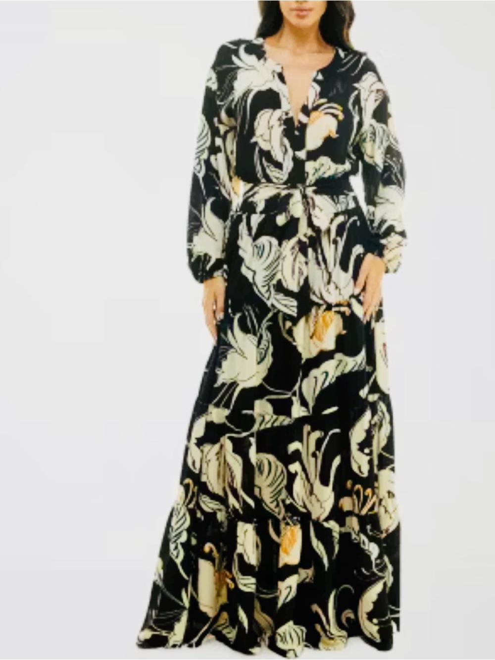 Black Floral Maxi Dress with Tie Waist by